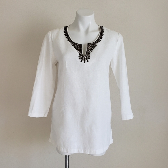 𝅺MICHAEL Kors 100% Linen Beaded Cream Tunic Top - Picture 1 of 6